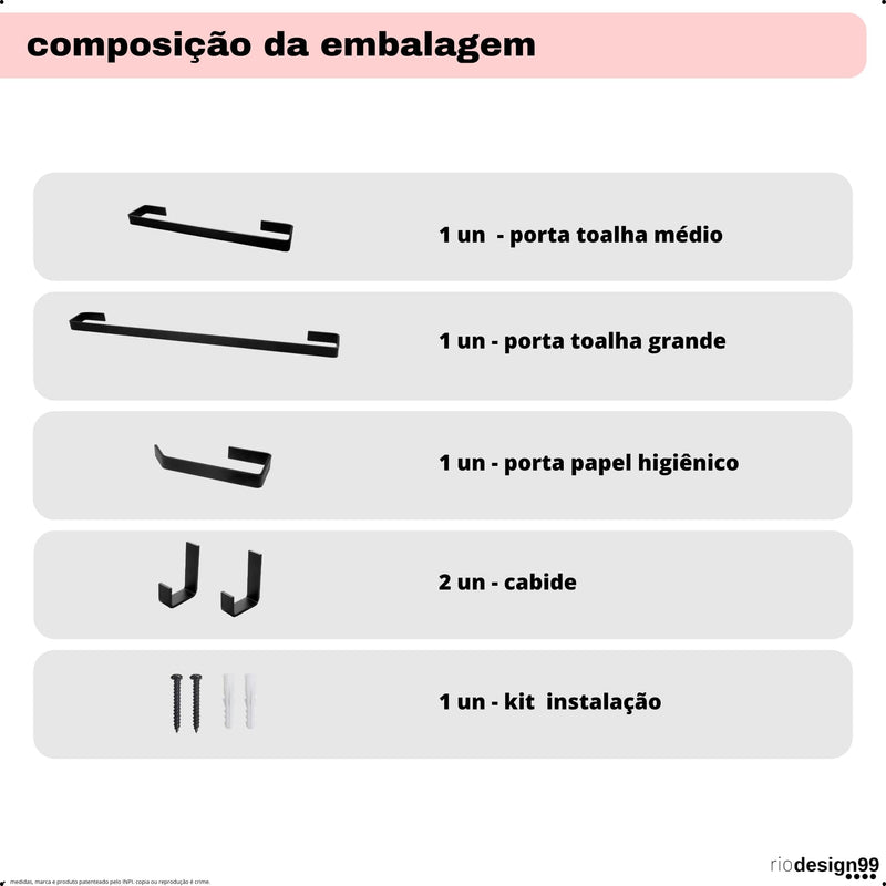 kit banheiro 5 peças – alumínio preto fosco quadrado